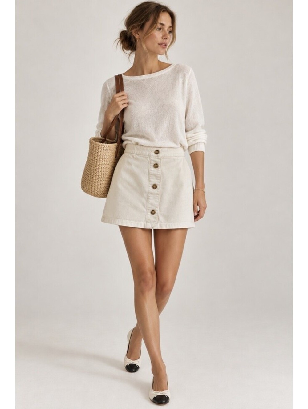 Sezane Denim Jupe Coline Mini Skirt Size 36 US 4 Ecru Ivory